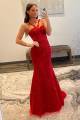 Red Prom Dress Mermaid Halter Lace Long Evening Dress