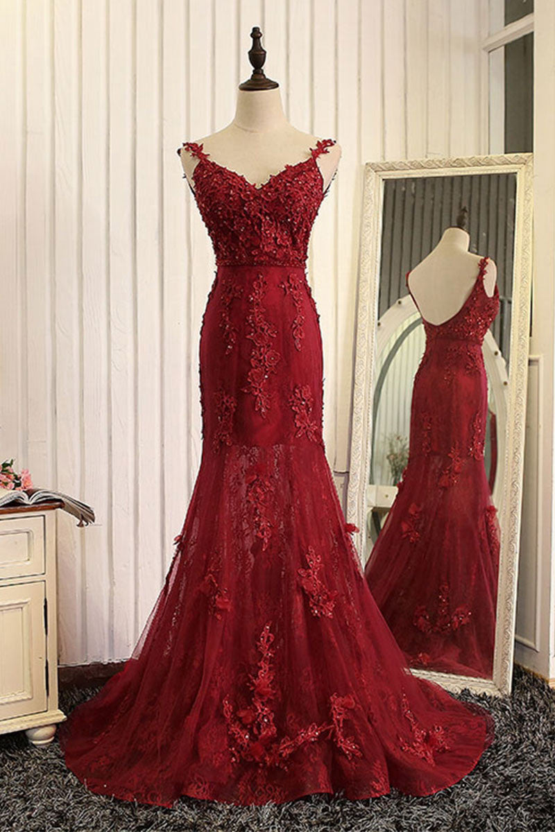 Red Prom Dress Mermaid Lace Long Evening Gown Evening Dress