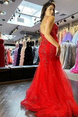 Red Prom Dress Mermaid Long Corset Evening Dress With Appliques