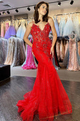 Red Prom Dress Mermaid Long Corset Evening Dress With Appliques