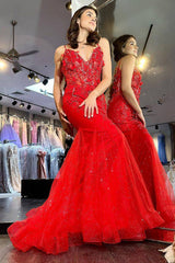 Red Prom Dress Mermaid Long Corset Evening Dress With Appliques