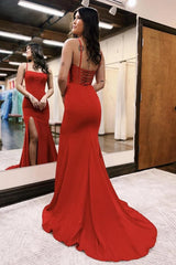 Red Prom Dress Mermaid Satin Scoop Neck Long Evening Dress
