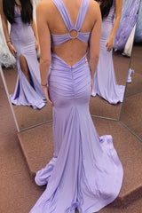 Red Prom Dress Mermaid V Neck Long Evening Dress With Slit