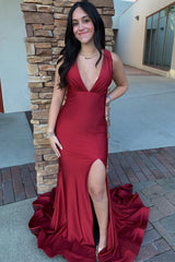 Red Prom Dress Mermaid V Neck Long Evening Dress With Slit
