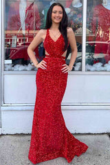 Red Prom Dress Mermaid V Neck Sequin Backless Long Evening Dress