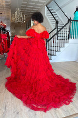 Red Prom Dress Off the Shoulder Tiered Ruffled Long Evening Dress with Slit