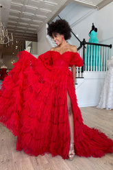 Red Prom Dress Off the Shoulder Tiered Ruffled Long Evening Dress with Slit