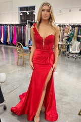 Red Prom Dress One Shoulder 3D Floral Lace Pleated Long Gown Evening Dress with Split