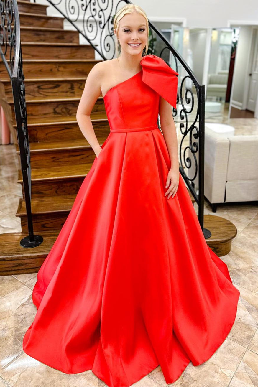 Red Prom Dress One Shoulder Bow Tie Satin Evening Dress with Pockets