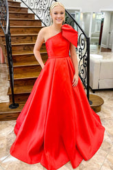 Red Prom Dress One Shoulder Bow Tie Satin Evening Dress with Pockets