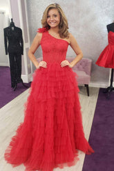 Red Prom Dress One Shoulder Corset Tiered Long Evening Dress with Ruffles