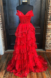 Red Prom Dress Princess A Line Off the Shoulder Corset Lace Evening Dress