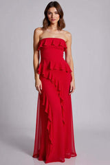 Red Prom Dress Ruffled Strapless A Line Chiffon Long Formal Dress