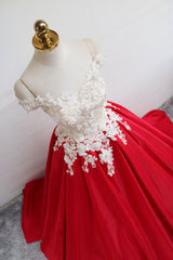 Red Prom Dress Satin Lace Long Evening Dress