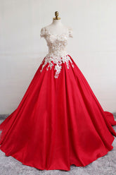 Red Prom Dress Satin Lace Long Evening Dress