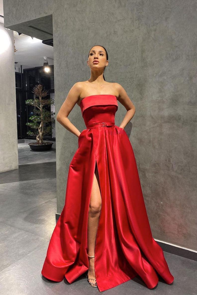 Red Prom Dress Satin Long Evening Dress