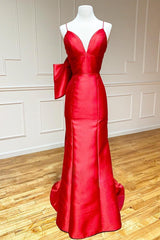 Red Prom Dress Satin Mermaid V Neck Long Evening Dress With Bow Tie