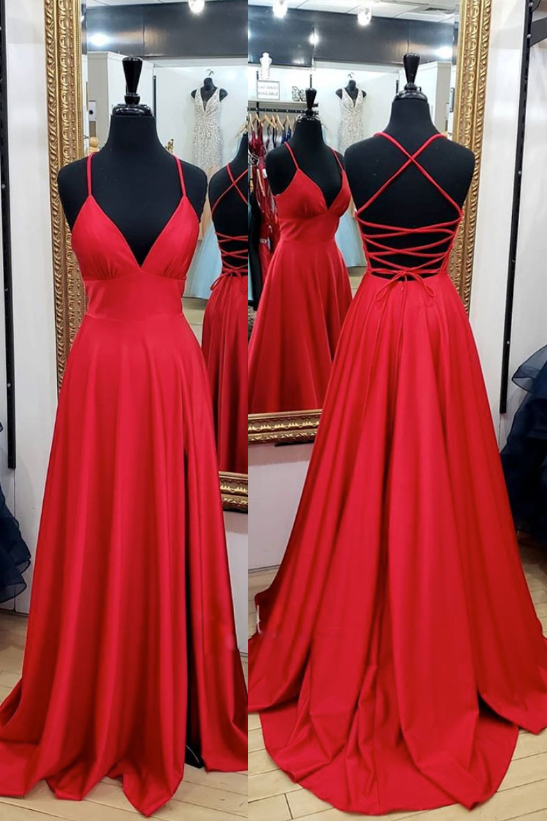Red Prom Dress Satin V Neck Long Evening Gown Evening Dress