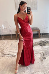 Red Prom Dress Sequin Prom Dress Backless Mermaid Maxi Dress Evening Dress With Split