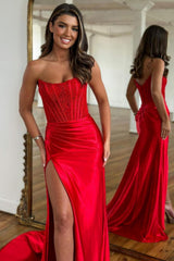 Red Prom Dress Sheath Corset Long Evening Dress with Lace