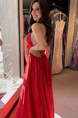 Red Prom Dress Spaghetti Straps Long Evening Dress with Slit