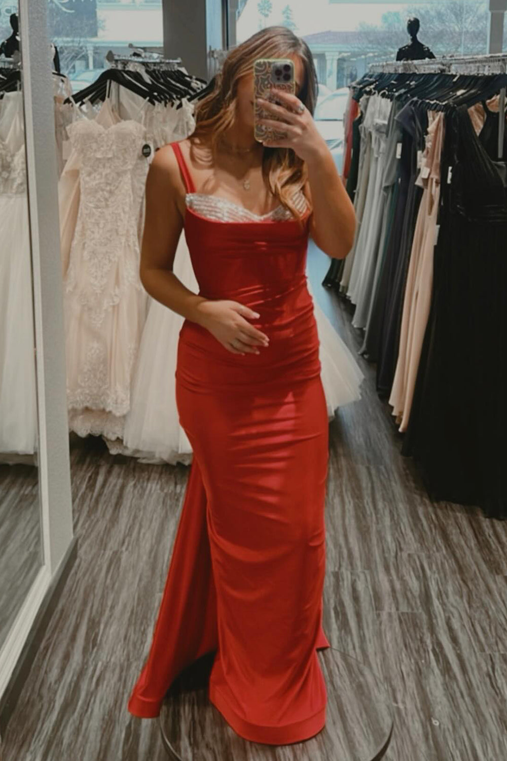Red Prom Dress Spaghetti Straps Mermaid Satin Long Backless Evening Dress
