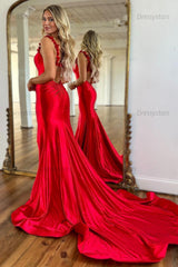 Red Prom Dress Spaghetti Straps Mermaid Satin Long Evening Dress with Slit