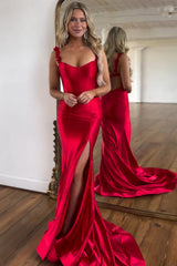 Red Prom Dress Spaghetti Straps Mermaid Satin Long Evening Dress with Slit