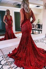 Red Prom Dress Sparkly Deep V Neck Sequin Mermaid Evening Dress