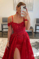 Red Prom Dress Sparkly Detachable Train Sequined Long Evening Dress with Slit
