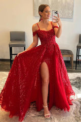 Red Prom Dress Sparkly Detachable Train Sequined Long Evening Dress with Slit