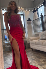 Red Prom Dress Strapless Corset Long Evening Dress with Slit