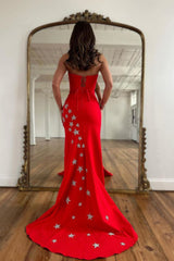 Red Prom Dress Strapless Mermaid Long Evening Dress with Stars