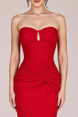 Red Prom Dress Strapless Ruched Sheath Long Formal Dress With Slit