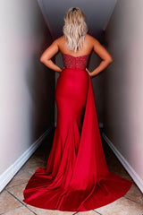 Red Prom Dress Strapless Satin Long Elegant Evening Dress with Split