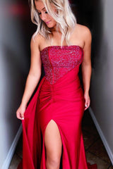 Red Prom Dress Strapless Satin Long Elegant Evening Dress with Split