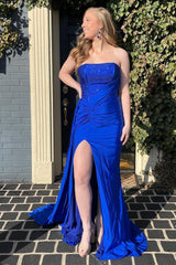 Red Prom Dress Strapless Sequined Evening Dress with Slit