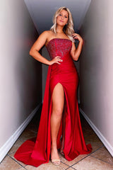 Red Prom Dress Strapless Sequined Evening Dress with Slit