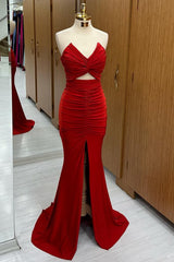 Red Prom Dress Strapless Twisted Knot Mermaid Long Formal Evening Dress with Split