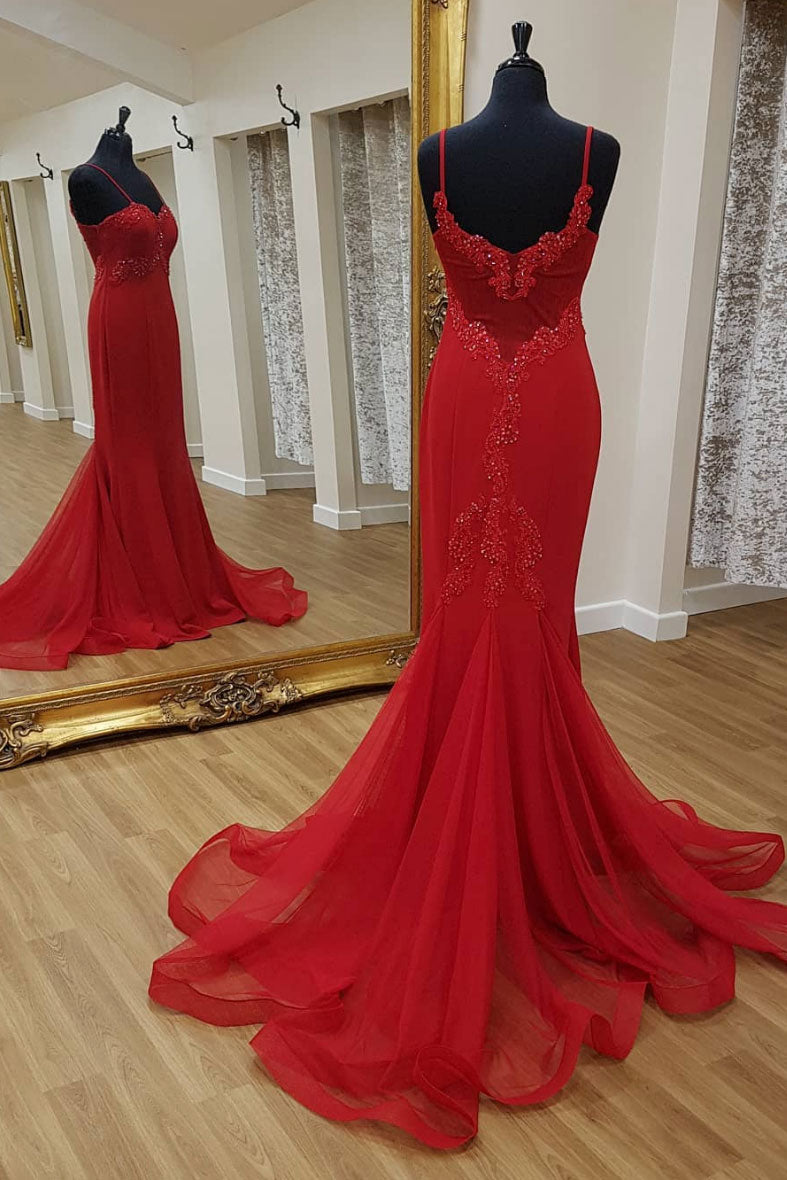 Red Prom Dress Sweetheart Lace Mermaid Long Evening Dress