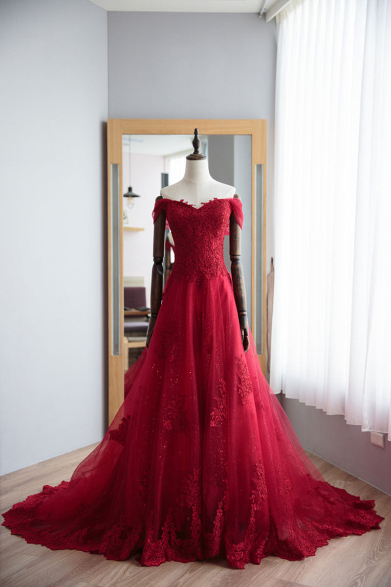 Red Prom Dress Sweetheart Lace Tulle Long Evening Dress