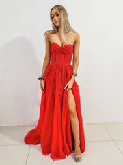 Red Prom Dress Sweetheart Neck A Line Tulle Lace Long Evening Dress