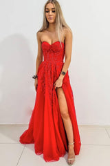 Red Prom Dress Sweetheart Neck A Line Tulle Lace Long Evening Dress