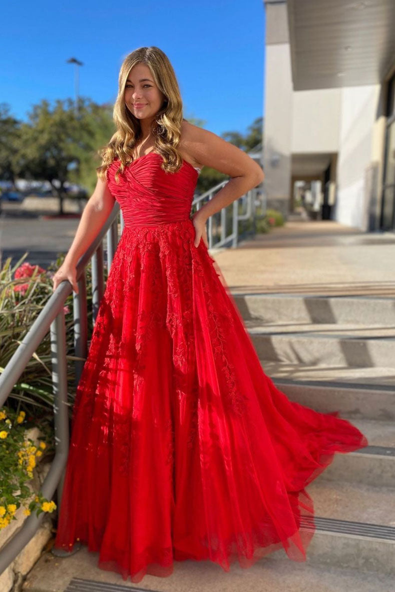 Red Prom Dress Sweetheart Neck Tulle Lace Long Formal Gown Evening Dress