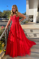 Red Prom Dress Sweetheart Neck Tulle Lace Long Formal Gown Evening Dress