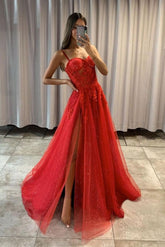 Red Prom Dress Sweetheart Tulle Lace Long Formal Evening Dress