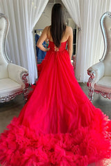 Red Prom Dress Tulle Appliqued Sweetheart Ruffle Long Evening Dress