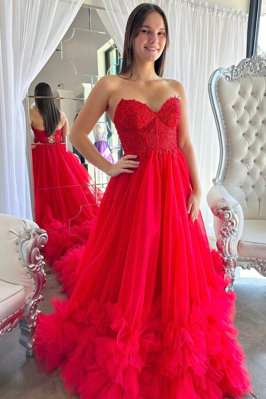 Red Prom Dress Tulle Appliqued Sweetheart Ruffle Long Evening Dress
