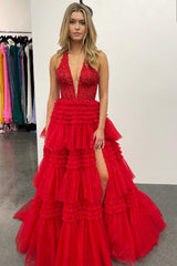 Red Prom Dress Tulle Appliques Halter Ruffle Tiered Ball Evening Dress