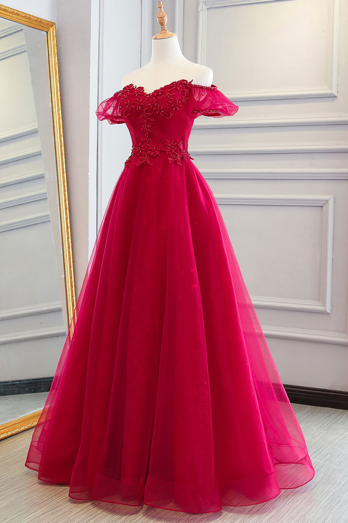 Red Prom Dress Tulle Lace Formal Gown Evening Dress